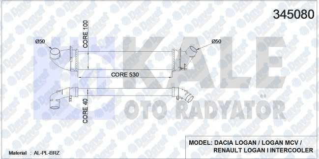 KALE 345080 Turbo Radyatoru (Intercooler) Dacia Logan 04> Sandero 08> 1.5 Dci (654x113x108) (Mek.) (Al/Pl/Brz)